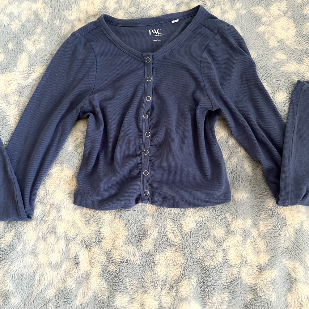 Blue 3/4 Sleeve Button Down Crop Top